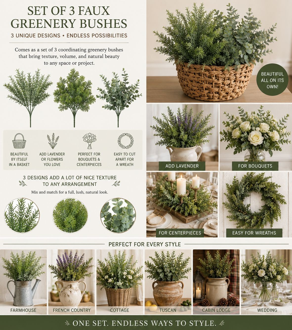 Set of 3 Faux Greenery Bushes Artificial Eucalyptus Rosemary Cedar Greenery Wedd