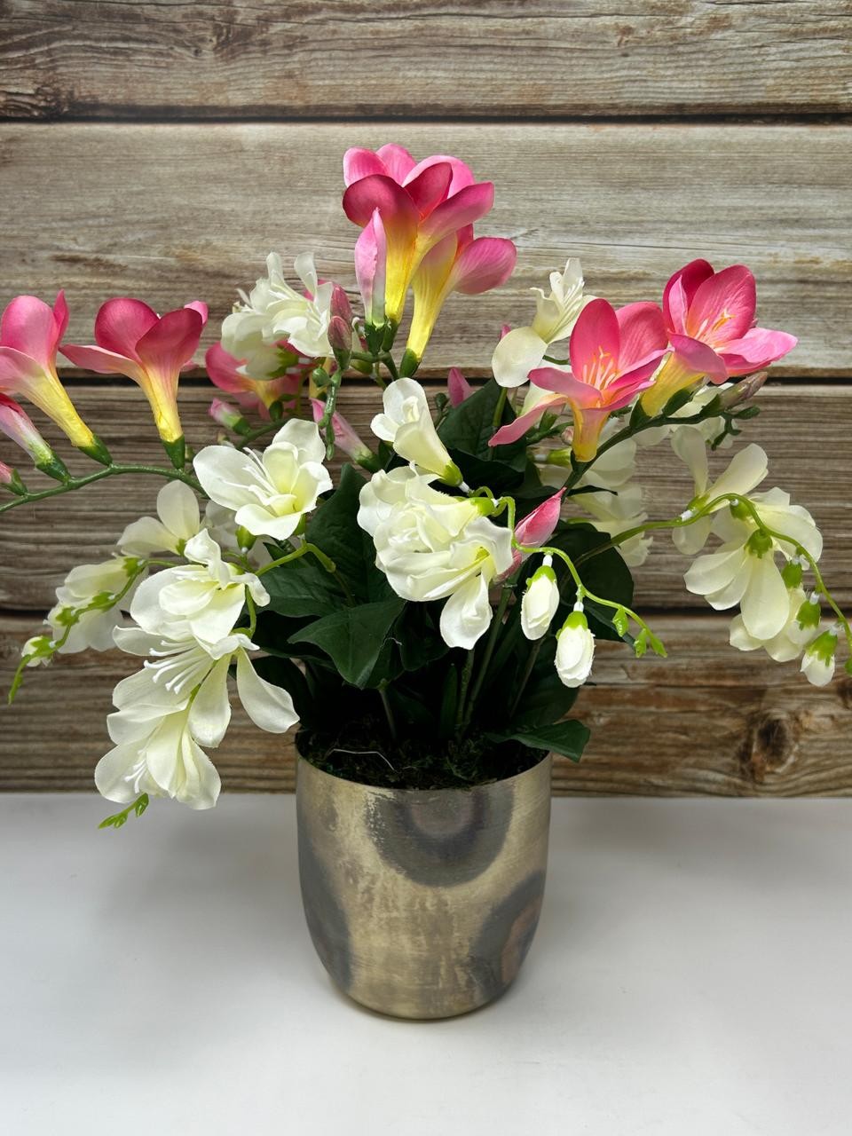 15″ Silk White & Pink FREESIA flowers in 5″ rustic Silver Metal Pot, handmade or