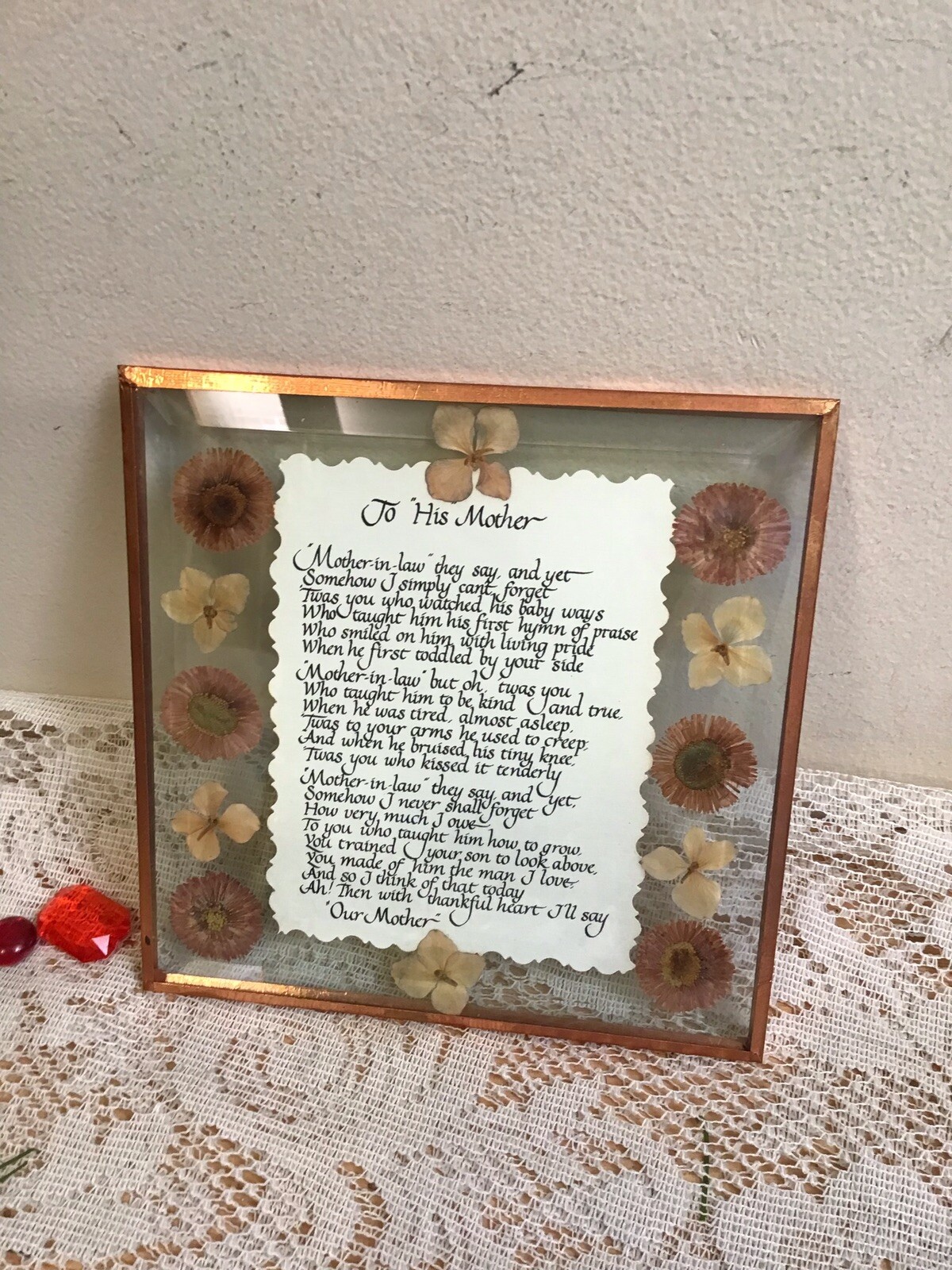 Pressed Dried Flowers Beveled Glass Verse TO HIS MOTHER – Display- Copper Edge