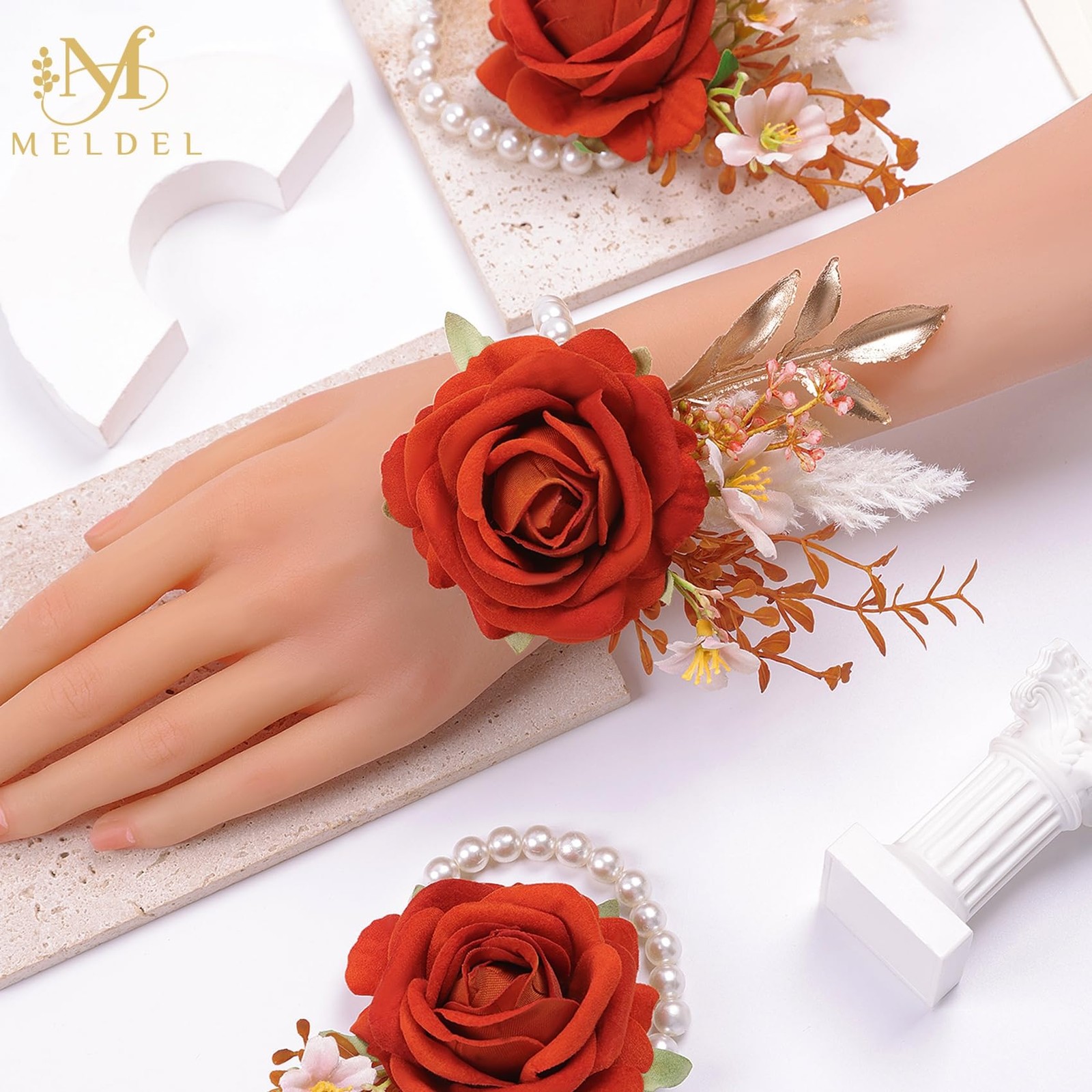Burnt Orange Wrist Corsage and Boutonniere Set, Flower On Wrist for Bride Bri…