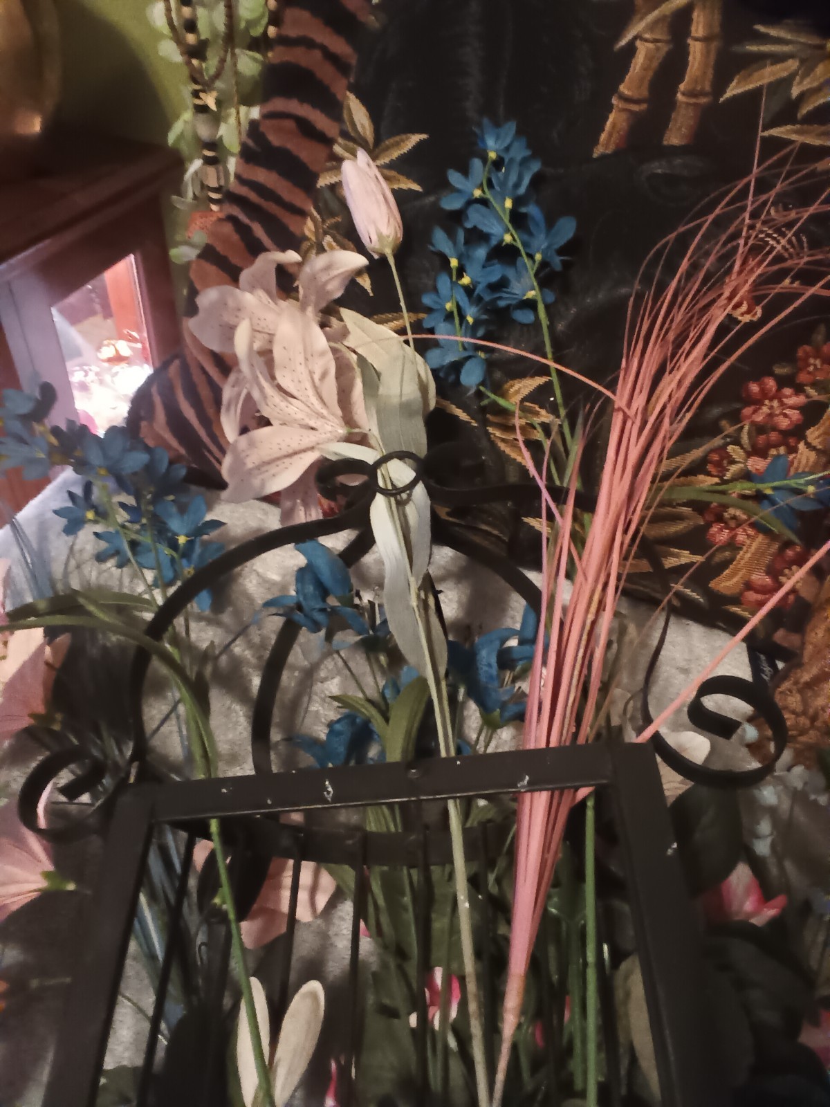 Large HODA black Iron metal half cage wall artificial flower arrangement.