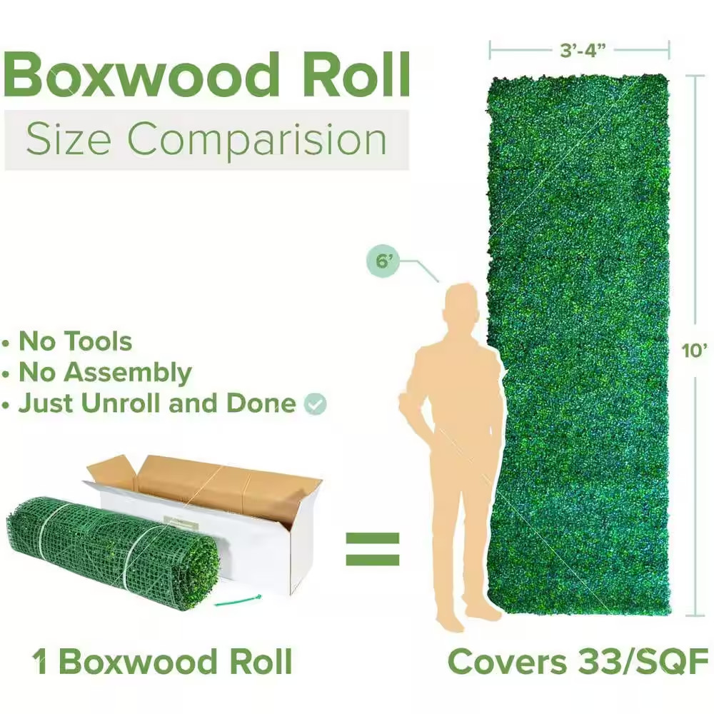 40 In. X 120 In. Artificial Dark Green Boxwood Roll Panels UV Protected for Outd