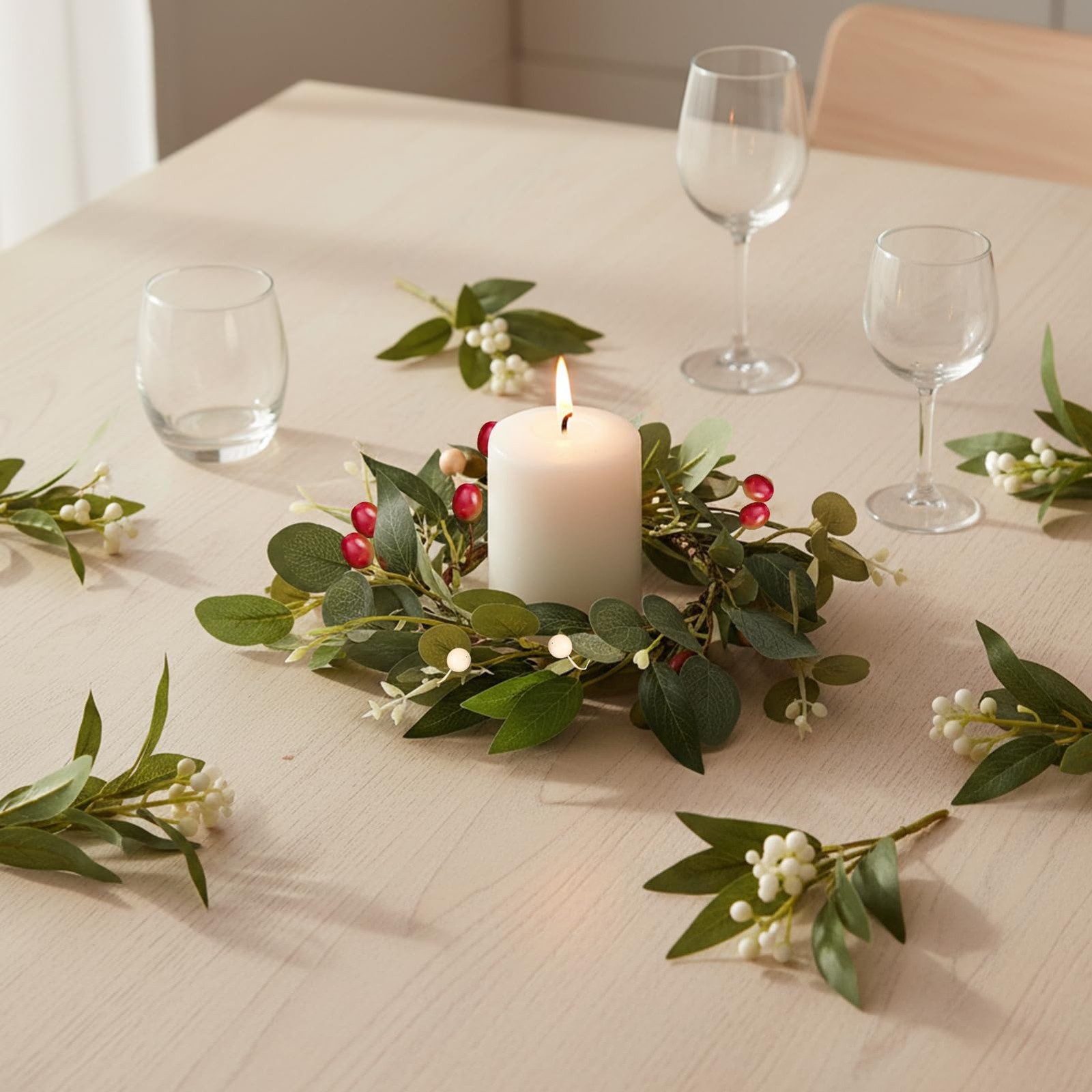 2 Pcs 4 Inch Mini Eucalyptus Wreaths for Candles, Summer Candle Rings with Ol…