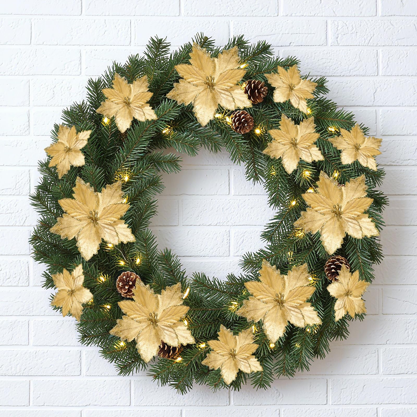 24 PCS Gold Glitter Poinsettia Flowers 5.91/3.94 Inch Velvet Xmas Decor