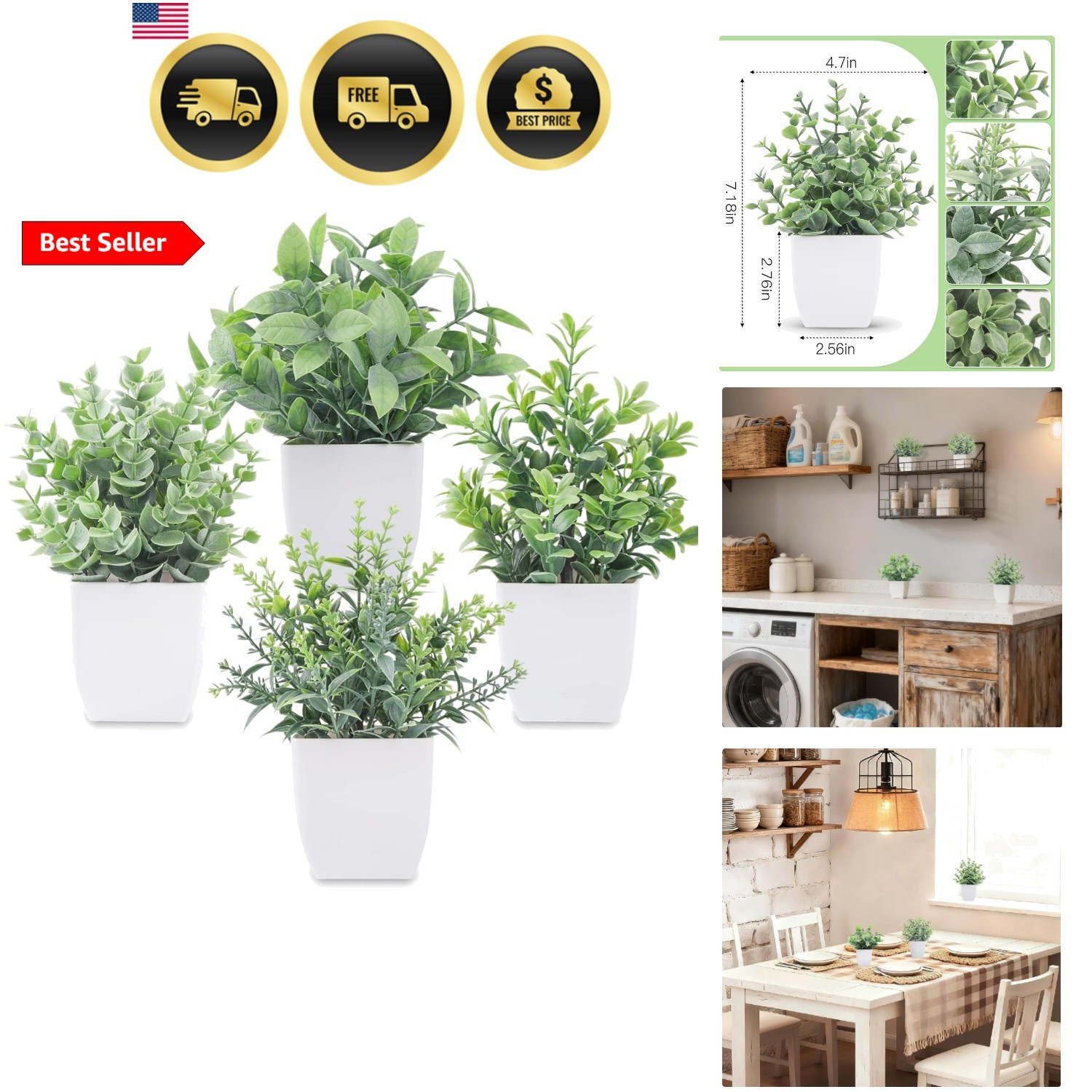 4 Pack Fake Plants Mini Artificial Greenery Potted Plants for Home Decor Indo…