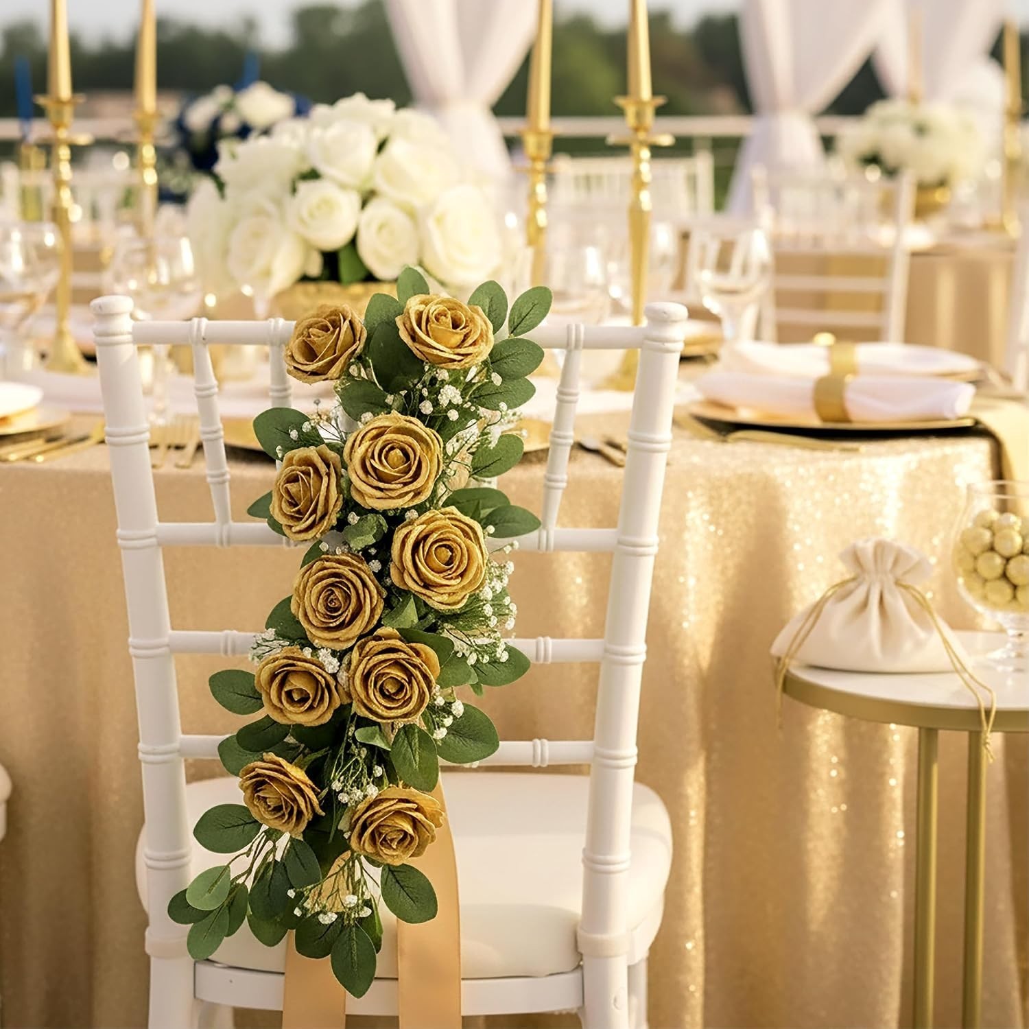 14PCS Gold Artificial Roses, Silk Rose Bouquet with Long Stems for Father’s D…
