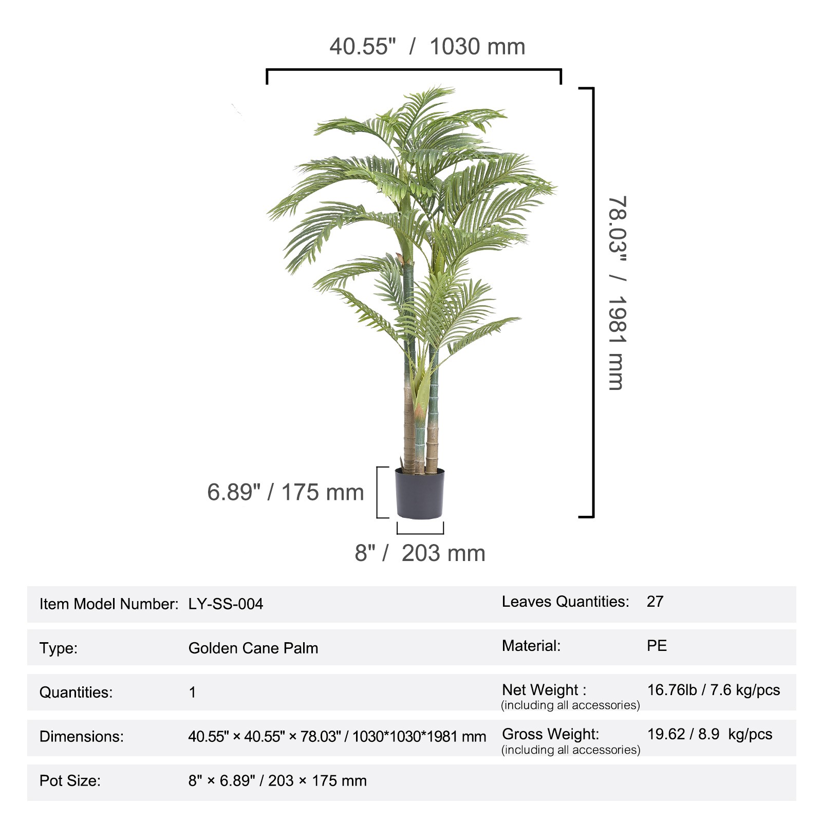VEVOR Artificial Golden Cane Palm Tree 6.5ft Faux Silk Plant in Pot Home Decor