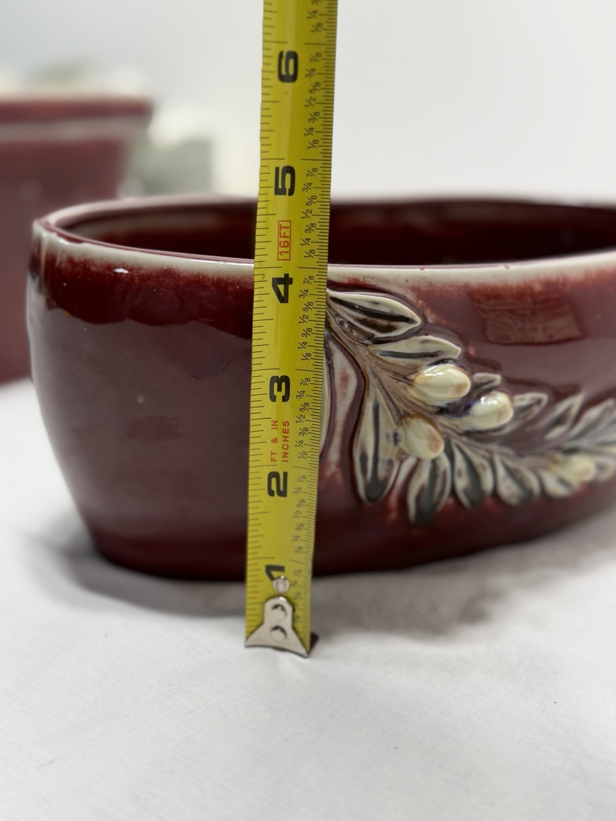 Set Of 2 Flower Pots Redwing Possibly Holly And Pine Motif Burgundy Oval, Square