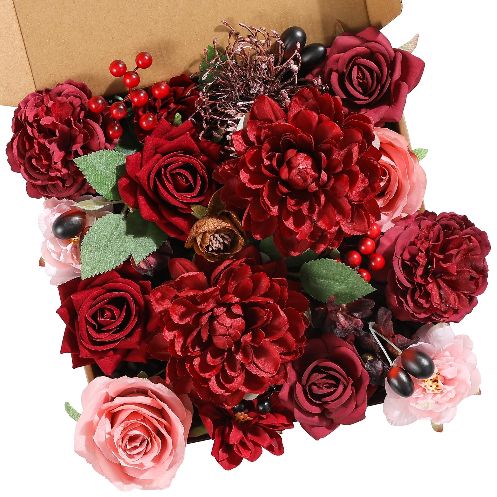 Mature Burgundy Silk Artificial Flowers Combo Box Set Wedding Bouquet Decor