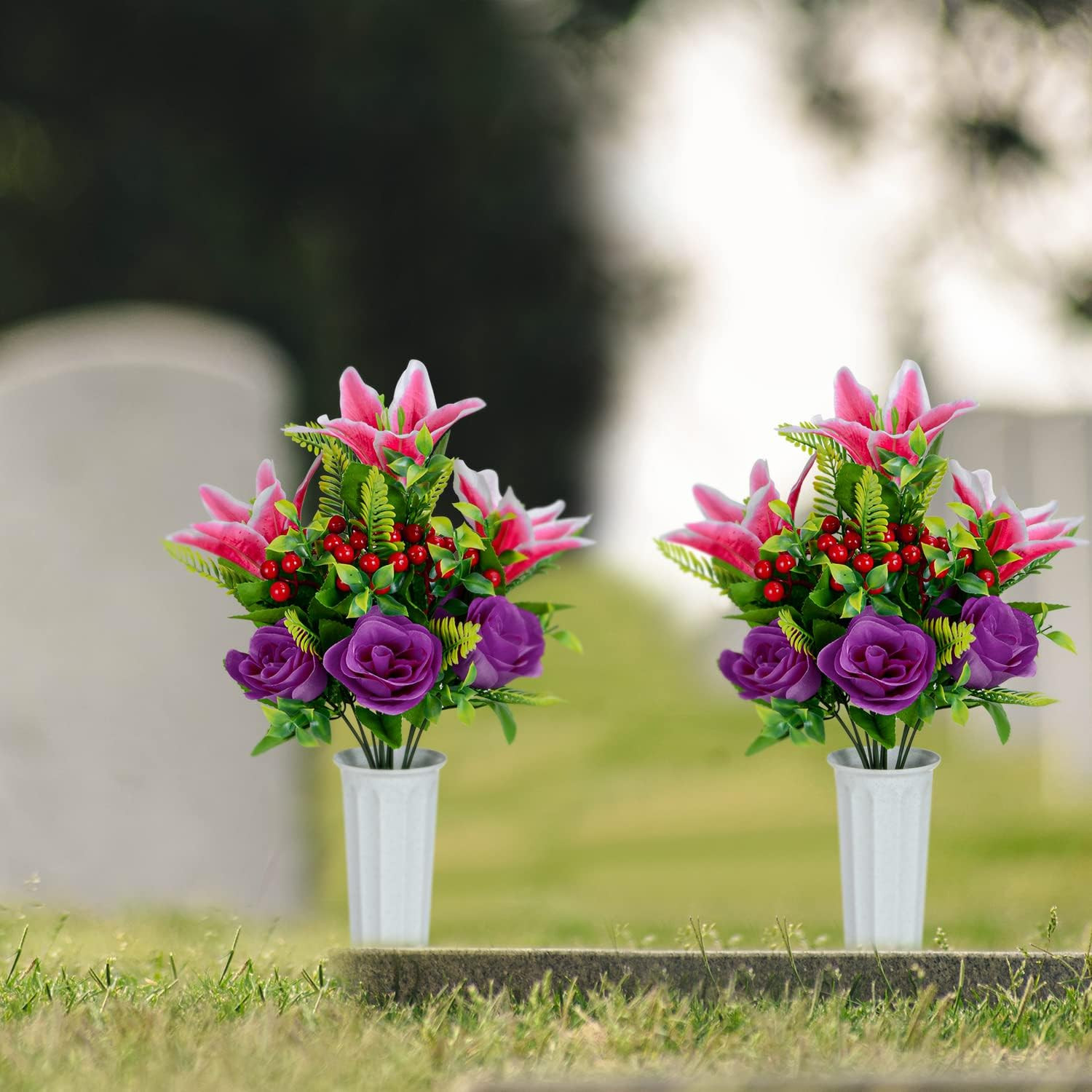 Artificial Cemetery Flowers for Grave, Set of 2 Artificial Memorial Flowers with