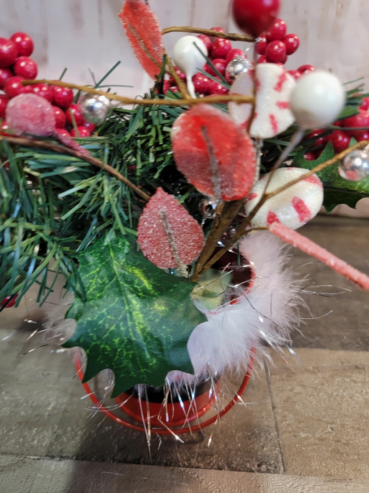 Santa bucket floral arrangement Mistletoe pine cone drum berry xmas decor