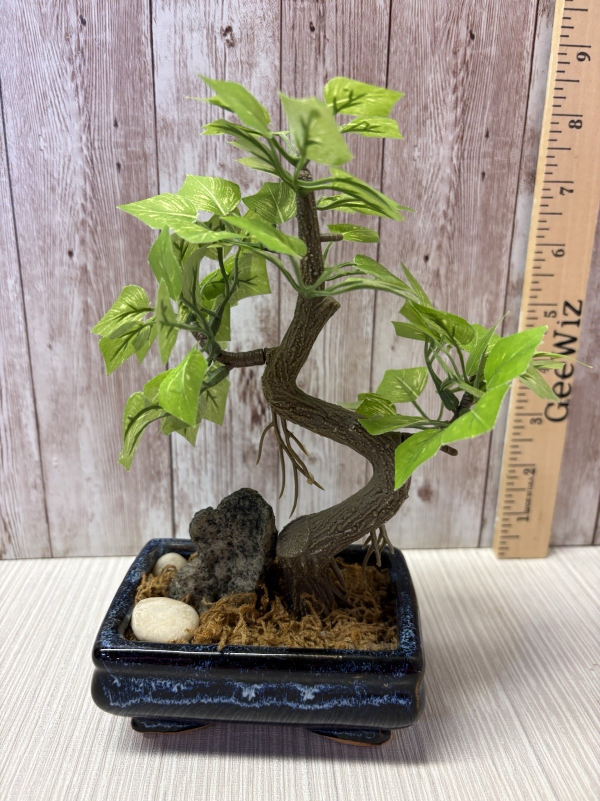 Artificial Bonsai Tree 8” Faux Plant In Vintage Blue 4×3 Pot FREE SHIPPING