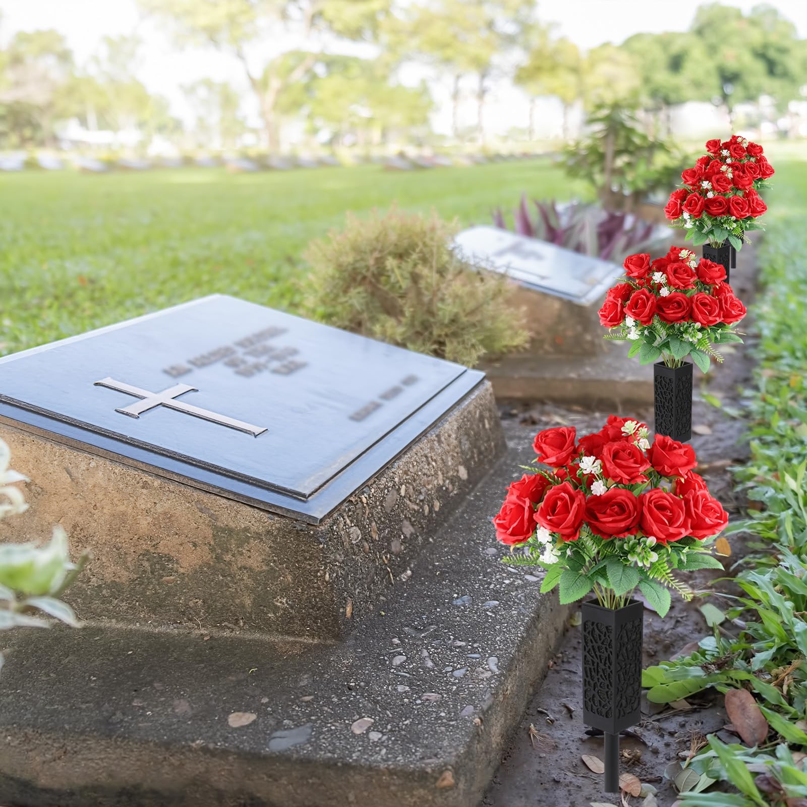 2 PCS Red Silk Artificial Rose Cemetery Grave Memorial Flowers Vase Decor