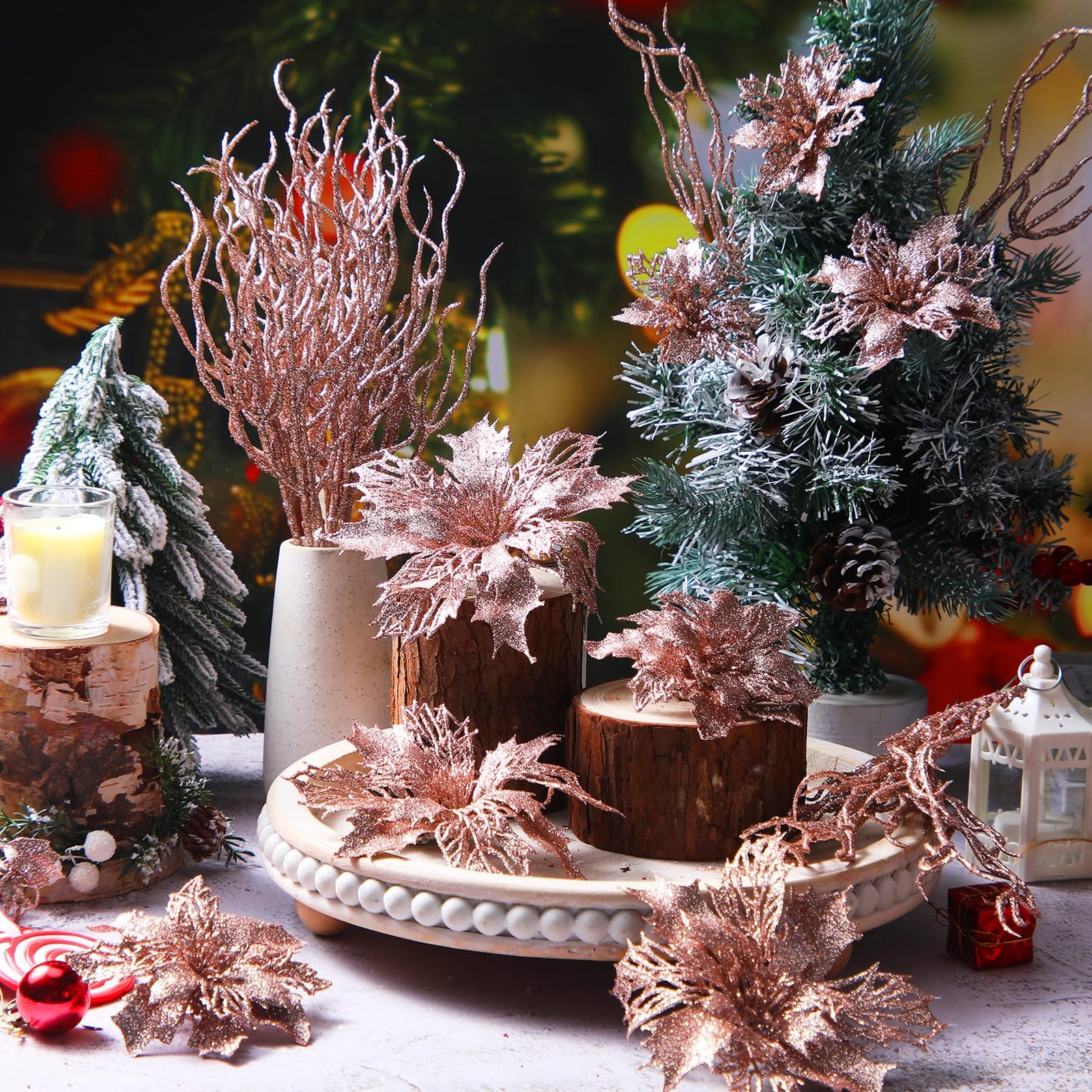 48 Pcs Rose Gold Glitter Poinsettia Artificial Flower Twig Christmas Decor