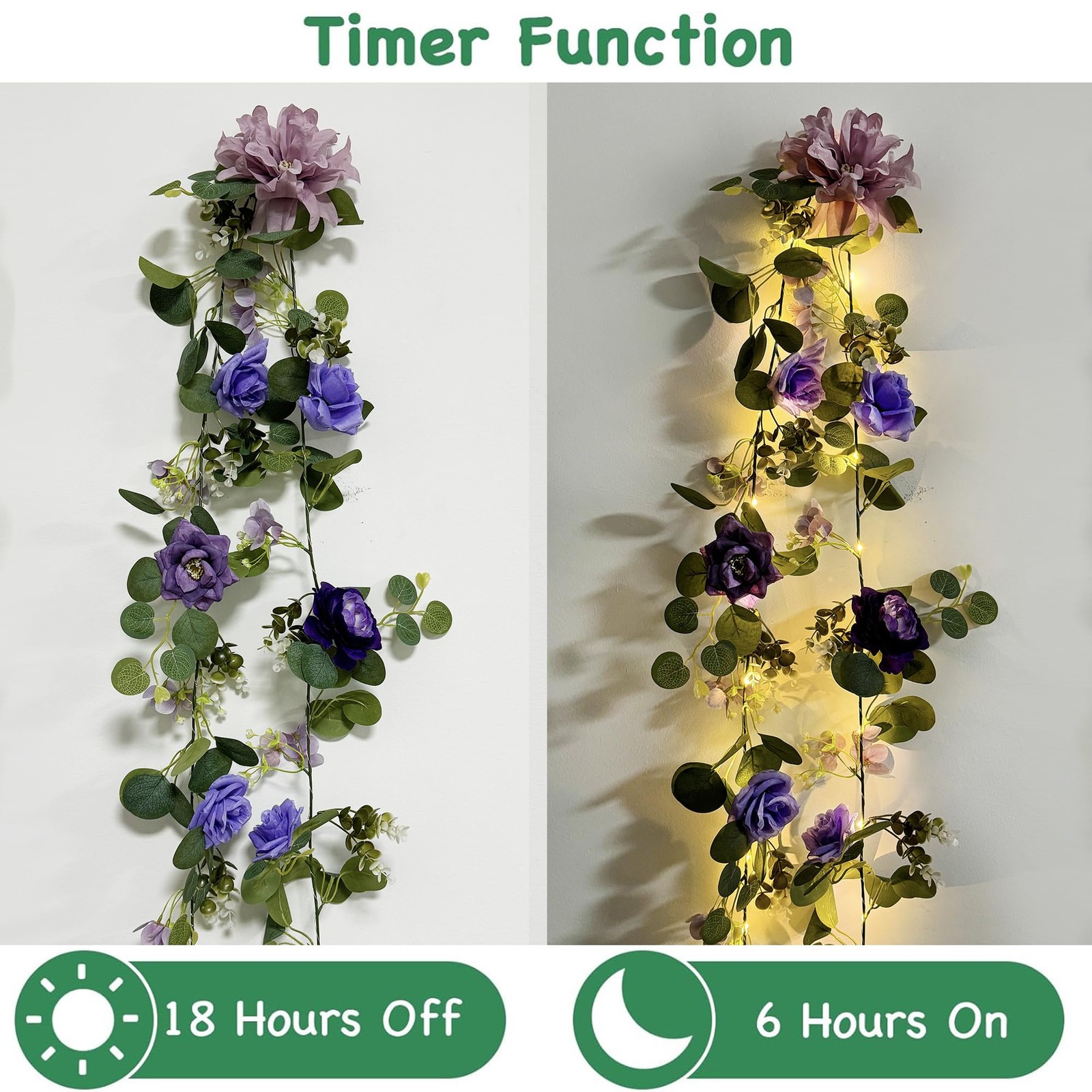 Rose Flower Garland Lights, 6 Ft Silk Flowers Fairy Lights with Timer, Artifi…