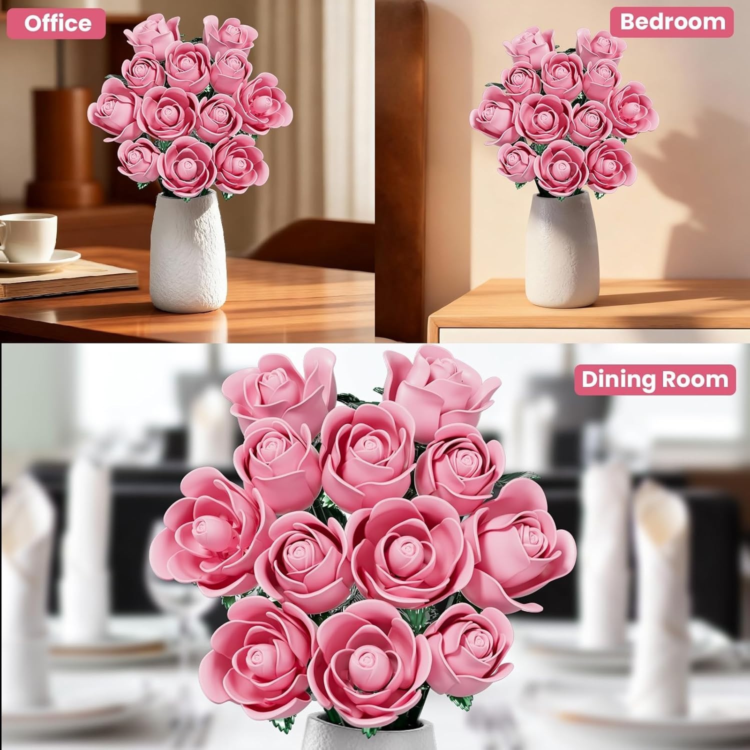 Pink Rose Bouquet Building Set for Girls & Boys – 12 Pack Botanical Collectio…
