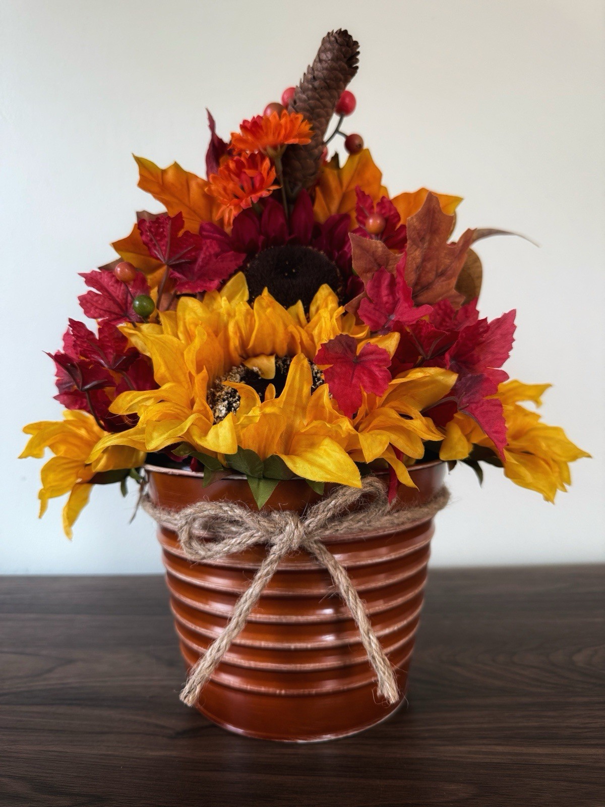 Handmade Fall Colors Centerpiece In A Warm, Festive Tin With Silk Flowers