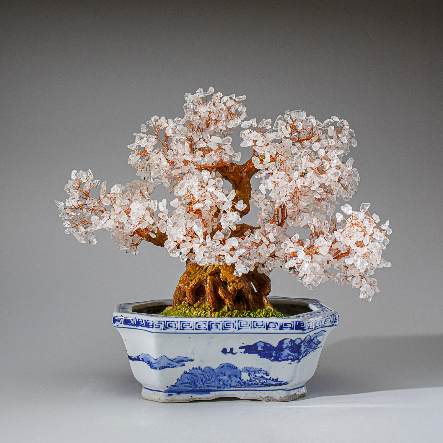 Genuine Quartz Gemstone Bonsai Tree in Oval Ceramic Pot (13” Tall)