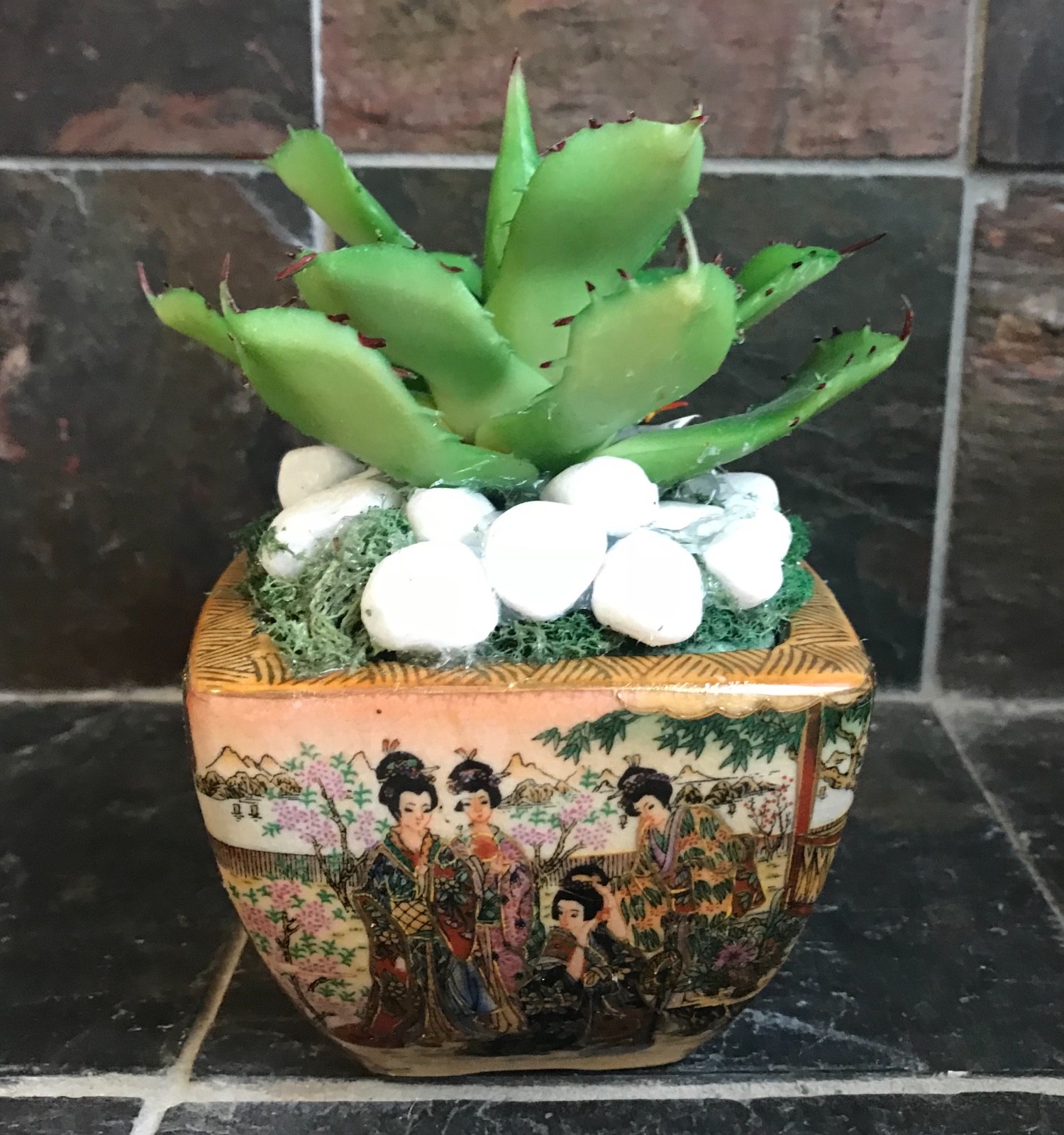 Artificial Green Grass Succulent Planter in a Satsuma Bowl with Geishas