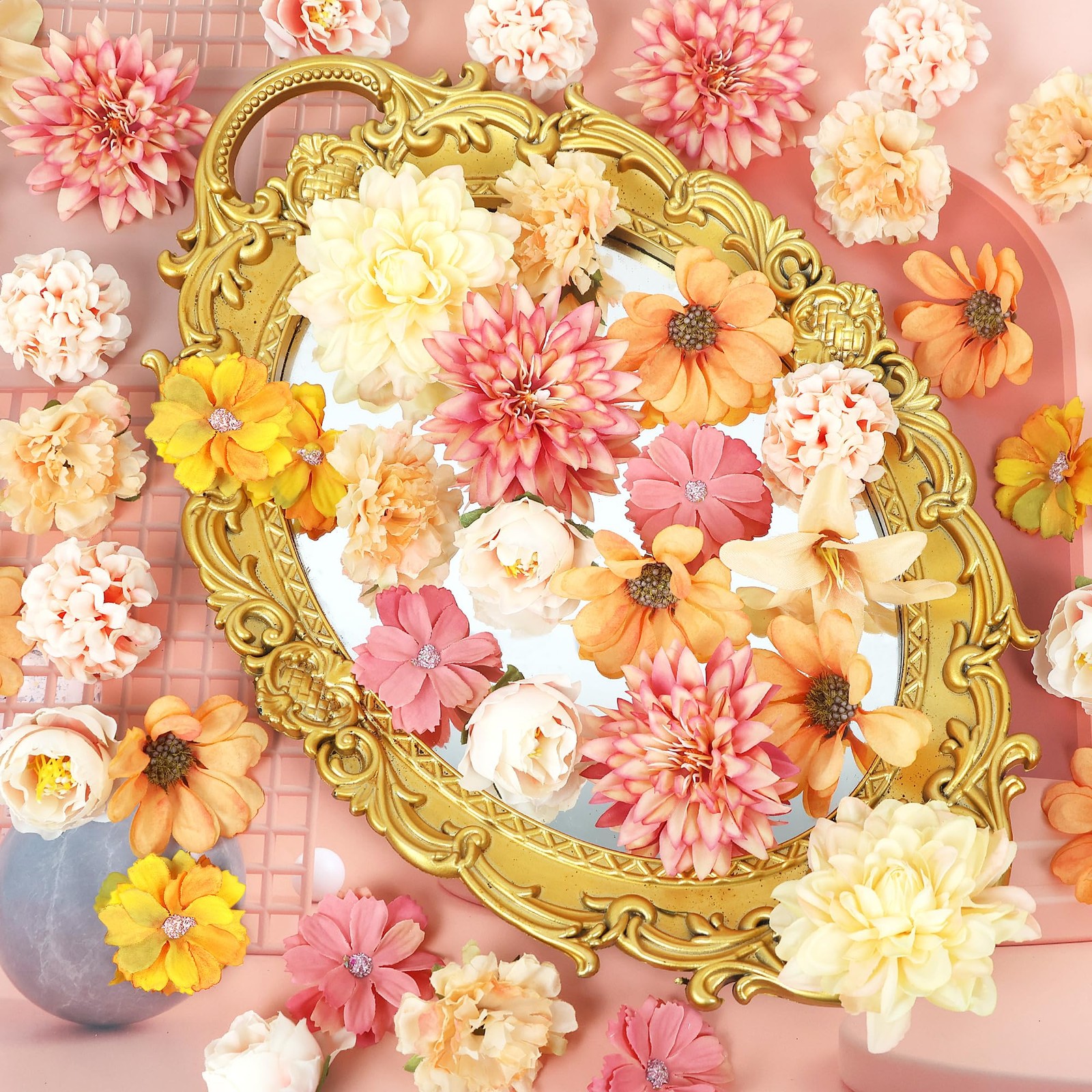 48 PCS Orange Silk Fall Artificial Flower Heads Combo Bulk Wedding DIY Craft