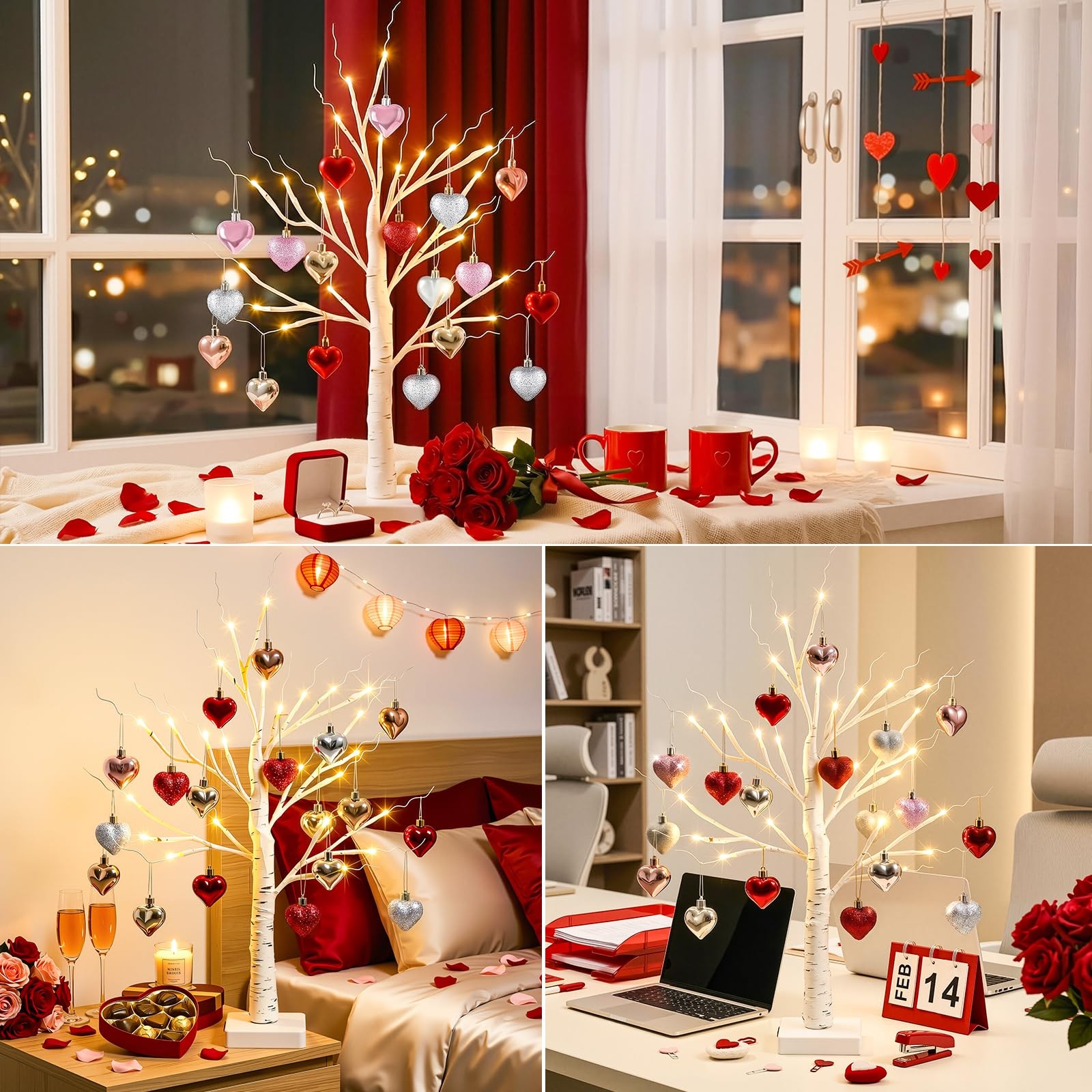 Valentines Day Decorations – 2 FT Birch Tree with 24 LED Warm Light 18 Heart …
