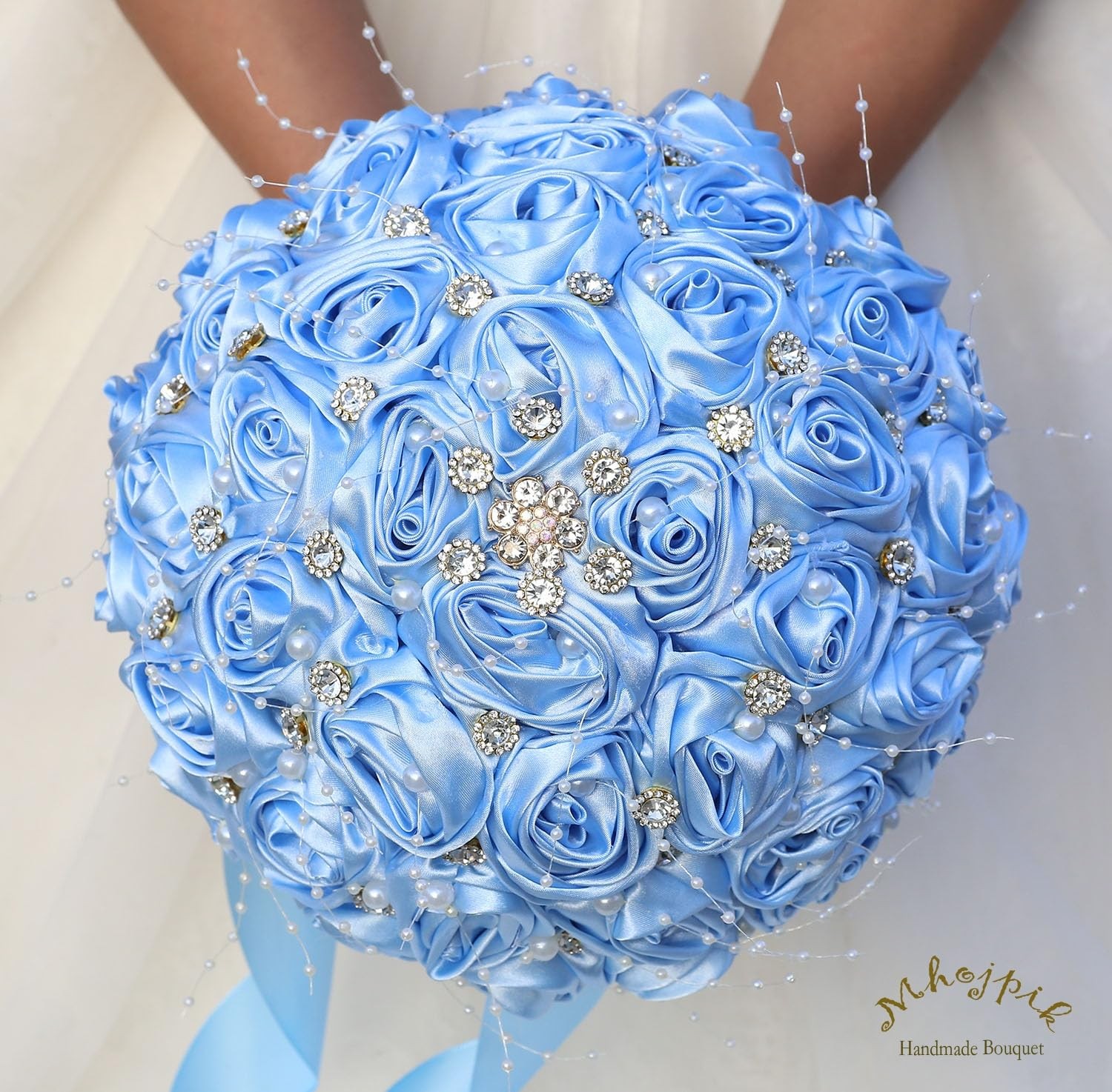 Light Blue Round Bling Brooch Toss Artificial Bridal Wedding Bouquet 6.3 Inch