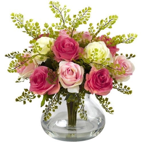 Artificial Rose & Maiden Hair Arrangement with Vase Peach Flowers