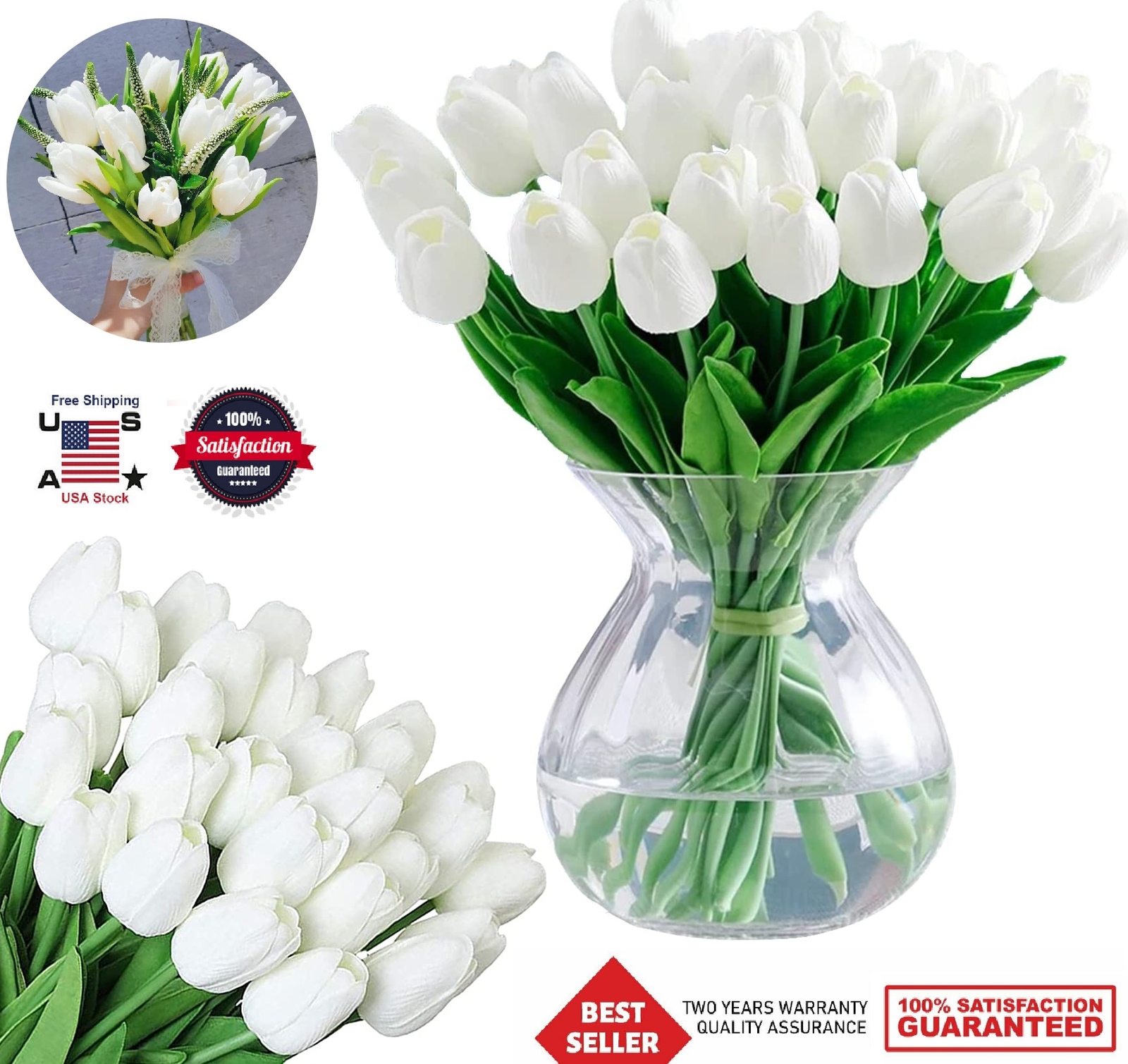 20 × White Artificial Tulip Fake Flowers Real Touch Gifts Wedding Home Decor USA