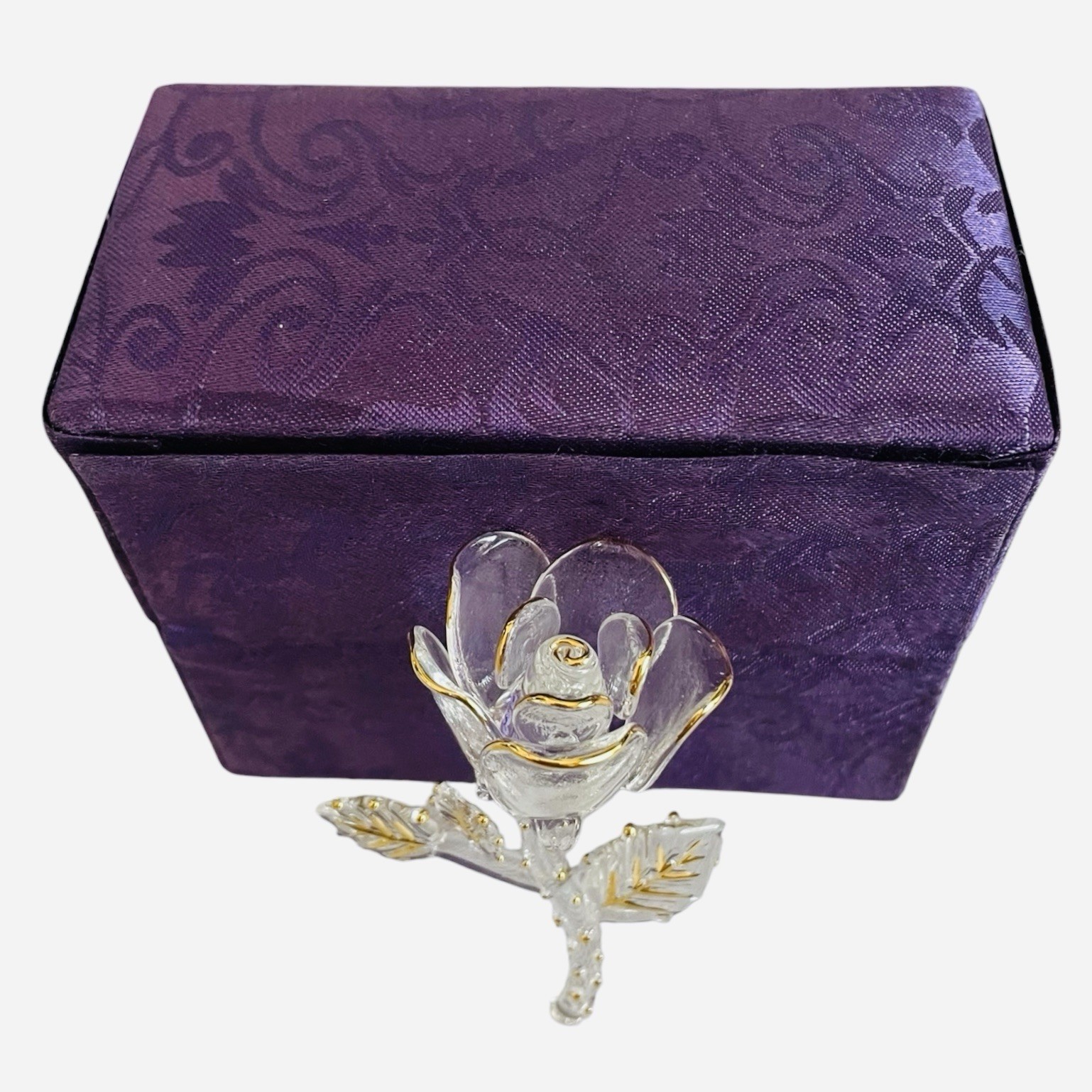 Elegant Clear Glass Rose Figurine Gold Leaf Accents Purple Velvet Gift Box VG