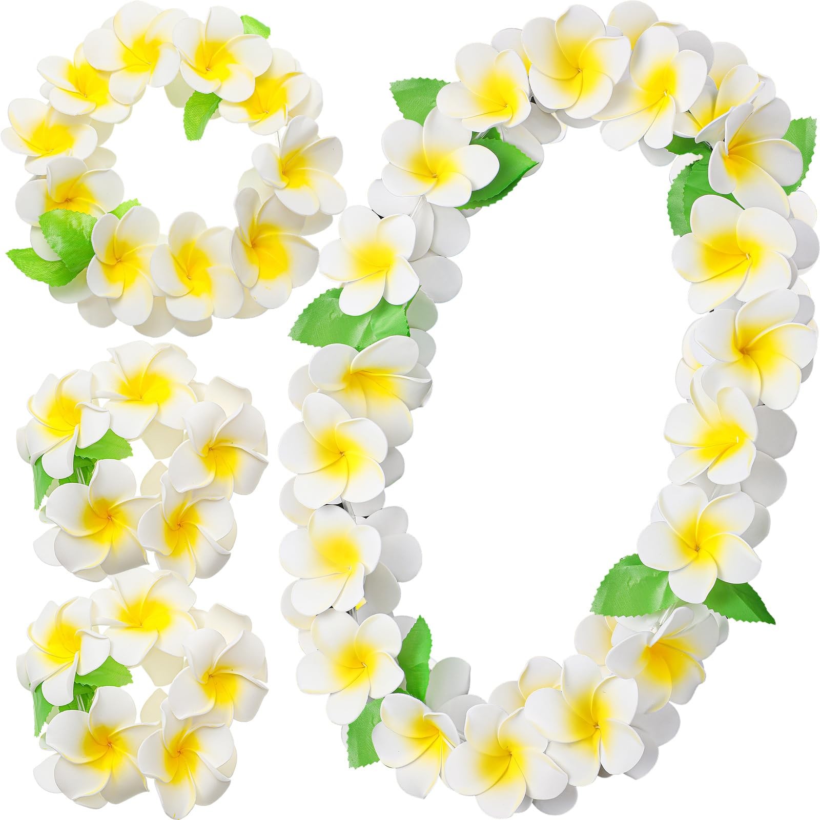4 Pcs Hawaiian Graduation Lei Set, 3D Foam Plumeria Garland Necklace Bracelet…