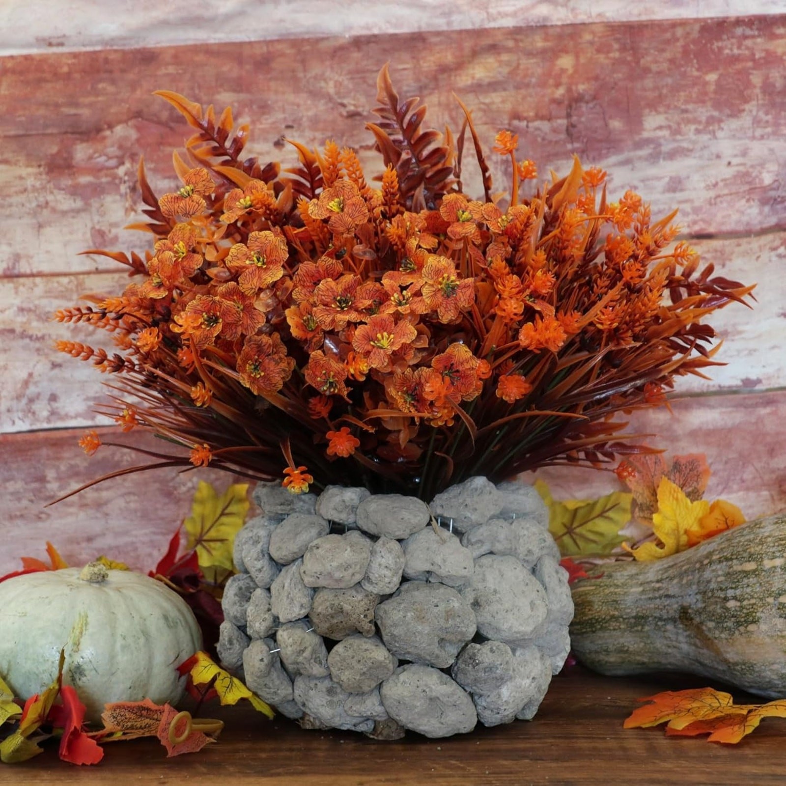 16 Bundles Faux Fall Mums Flowers Plants UV Resistant Mixed Orange