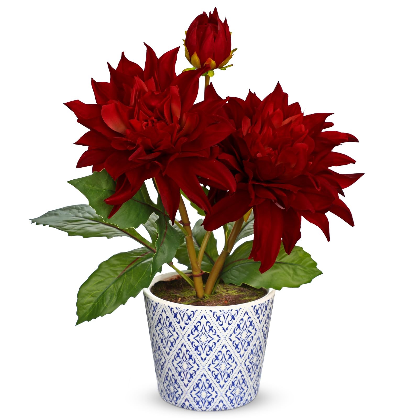 Artificial Dahlia Fall Flower in Blue and White Ceramic Pot – 13.8″ Silk Dahl…