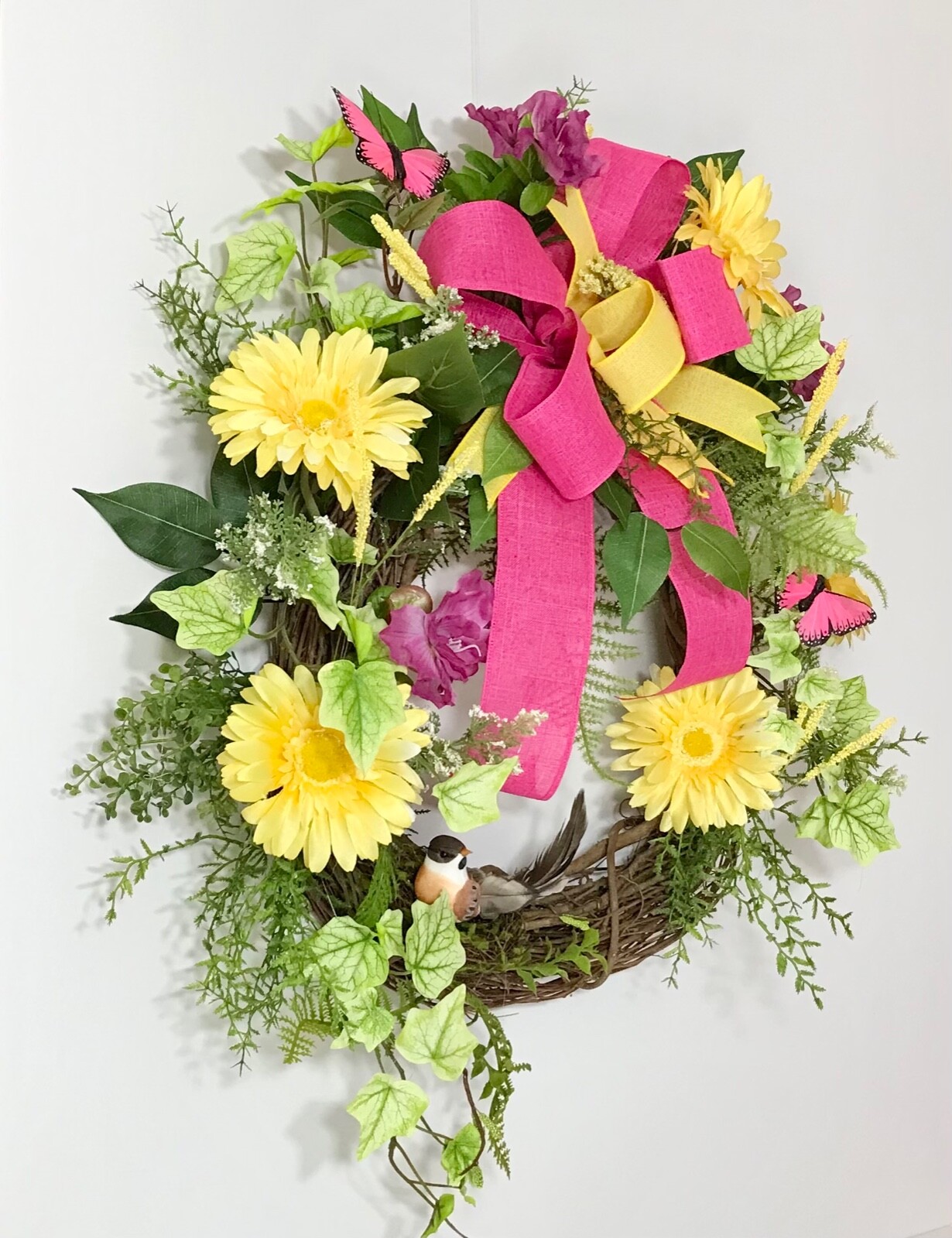 SPRING SUMMER GRAPEVINE BRIGHT YELLOW WREATH DECORATION RIBBON BOW HANDMADE NEW