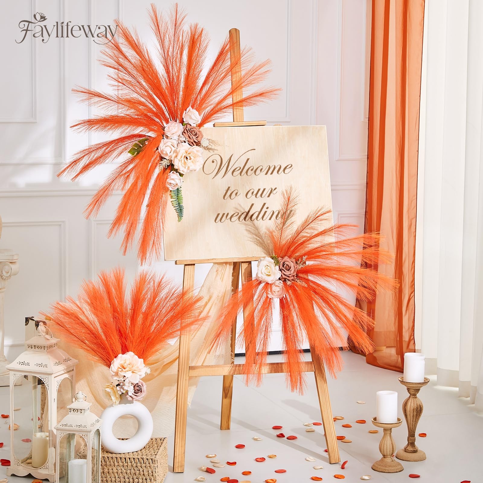 50PCS Light Orange Pampas Grass Decor, 17″ Fluffy Small Pampas Grass for Vase…