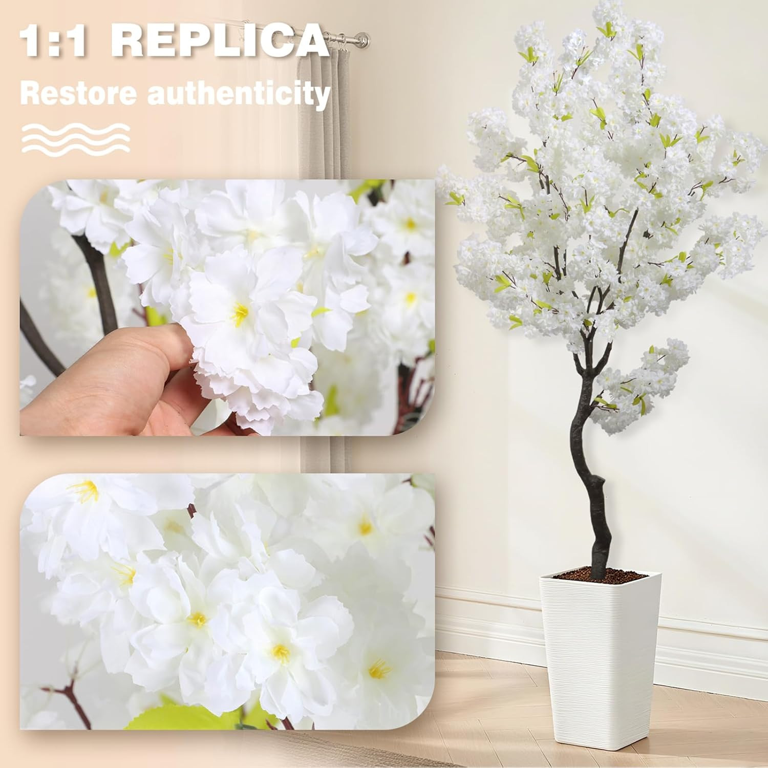 6Ft Faux White Cherry Blossom Tree for Home & Office Decor, Perfect Gift
