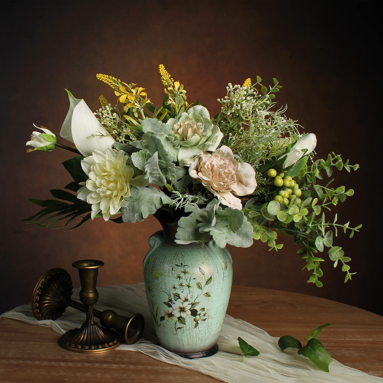 Faux Flowers in Ceramic Vase, Artificial Flower Arrangement Decoration for Ho…