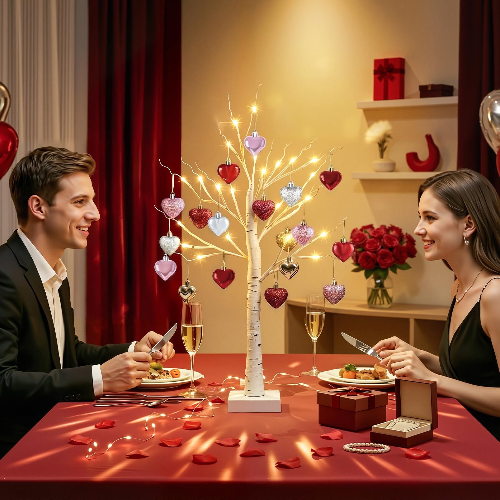 Valentines Day 2 FT Birch Tree 24 LED 18 Heart Ornaments USB Battery White