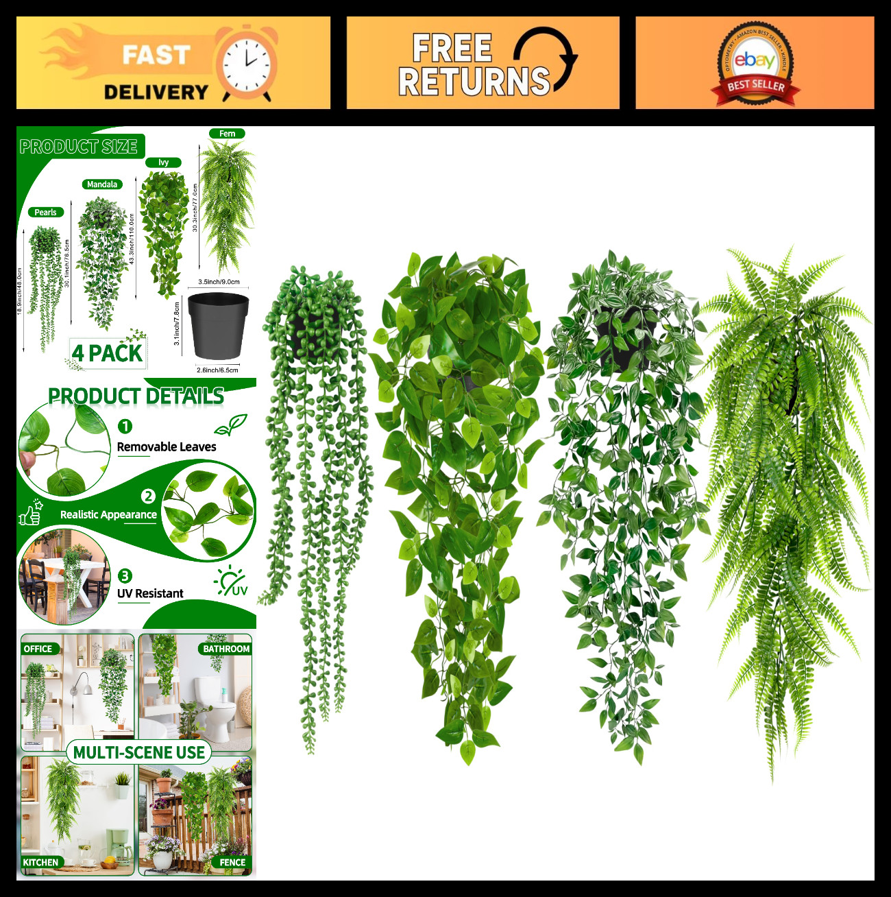 4 Pack Artificial Hanging Plants – Faux Greenery, Mandala Vine, String of Pearls
