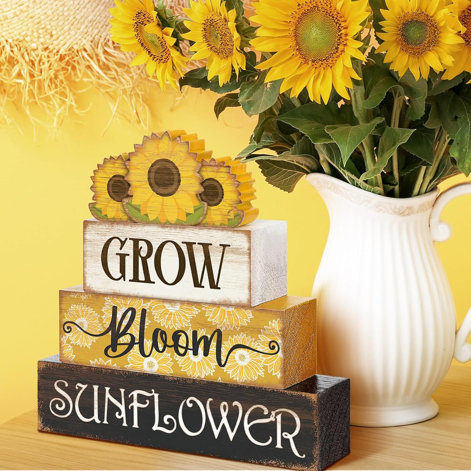 Sunflower Tiered Tray Decor Set Summer Wooden Sign Book Stack 4pc