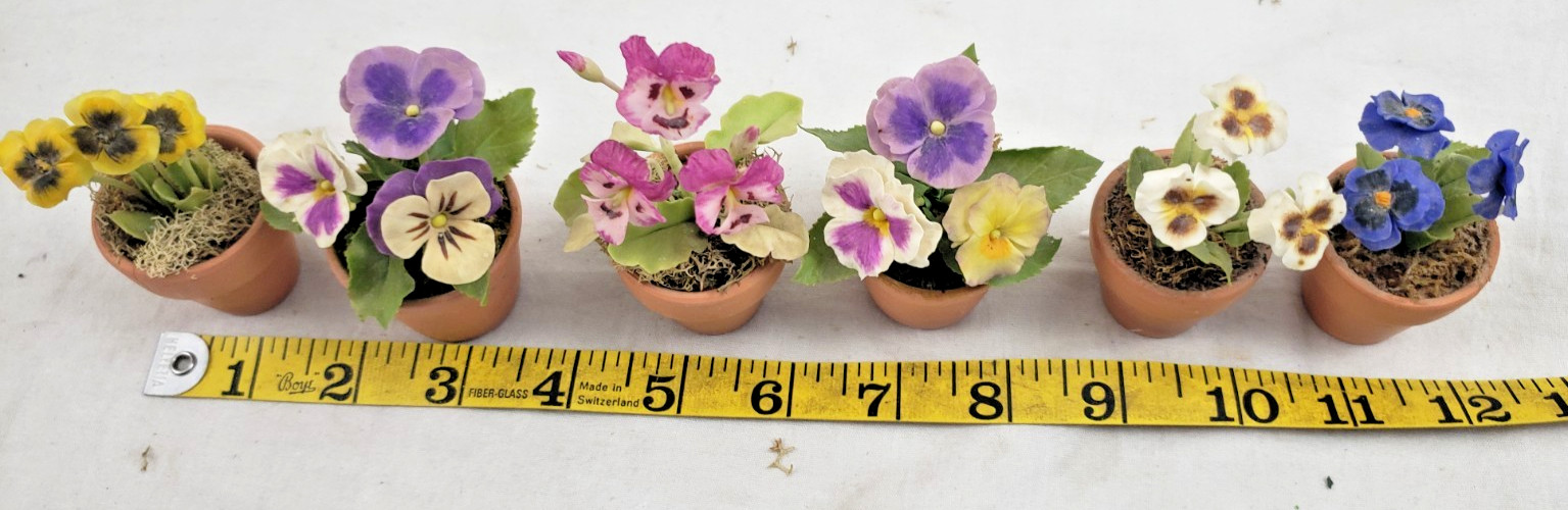 SET OF 6 GLOXINIA ARTIFICIAL FLOWERS IN PLANT POTS MINIATURES