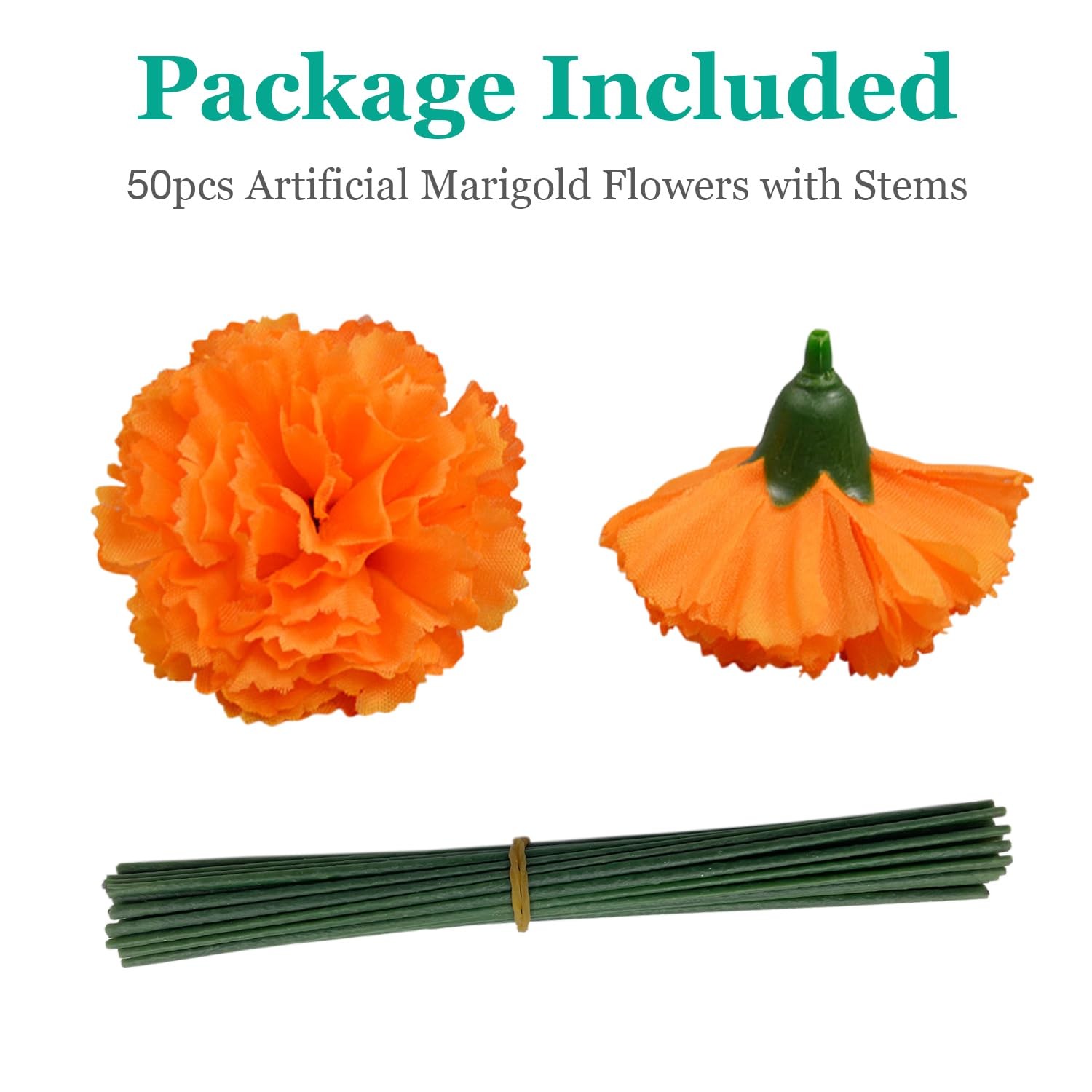 50Pcs Artificial Marigold Flowers, 2’’ Silk Heads with Stems for Diwali, Indi…