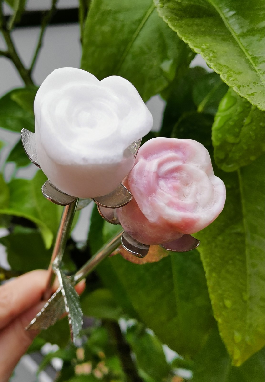 Pink Opal and White Jade rose with silver stem , Decorative Collectible