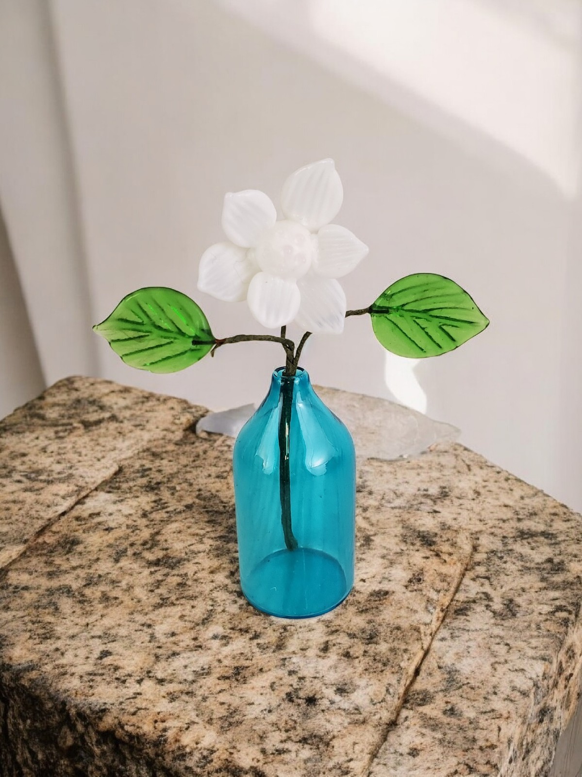 Tiny Glass Flower in Blue Vase 3.5″ tall – White Glass Flower & Green Leaves