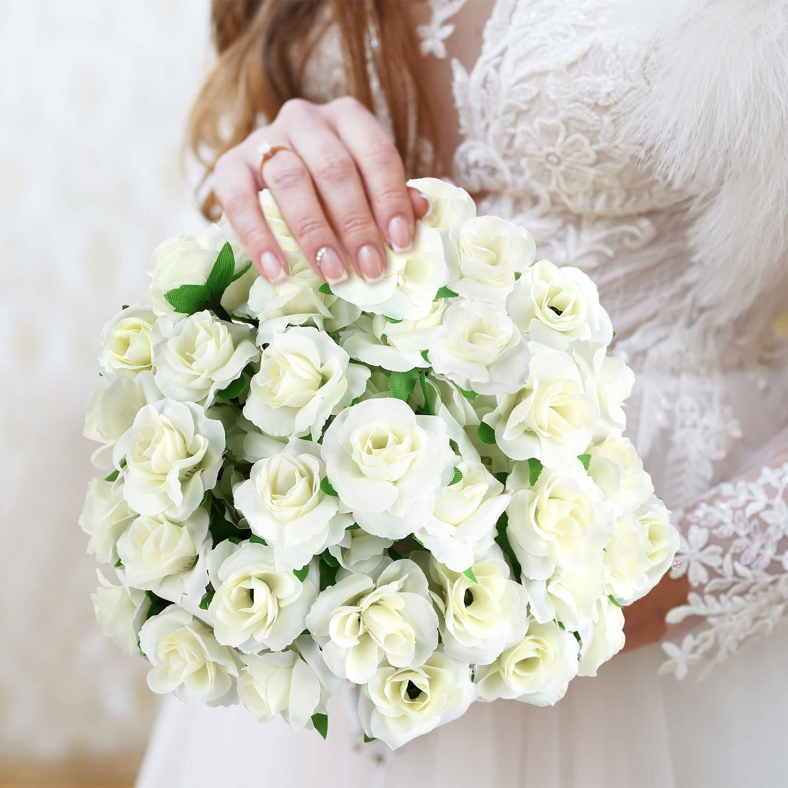 50 PCS Ivory 1.57 Inch Mini Artificial Silk Rose Flower Heads Wedding Decor