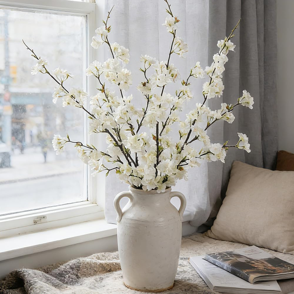4Pcs 41.4″ Artificial Cherry Blossom Branches for Home Wedding Decor – White