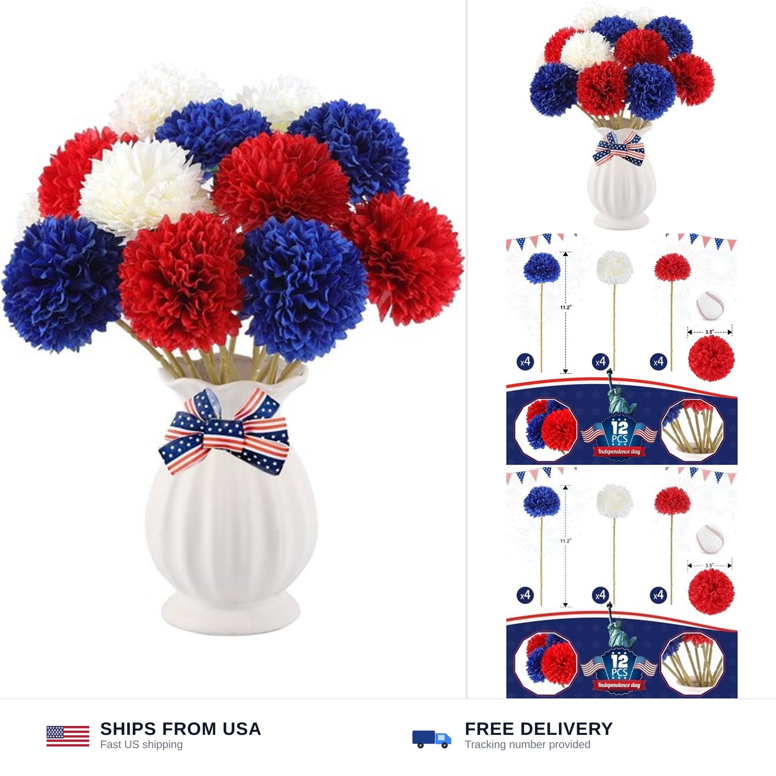 Rowfad 12 Pcs Artificial Chrysanthemums Flowers Patriotic Flowers 4th of July…