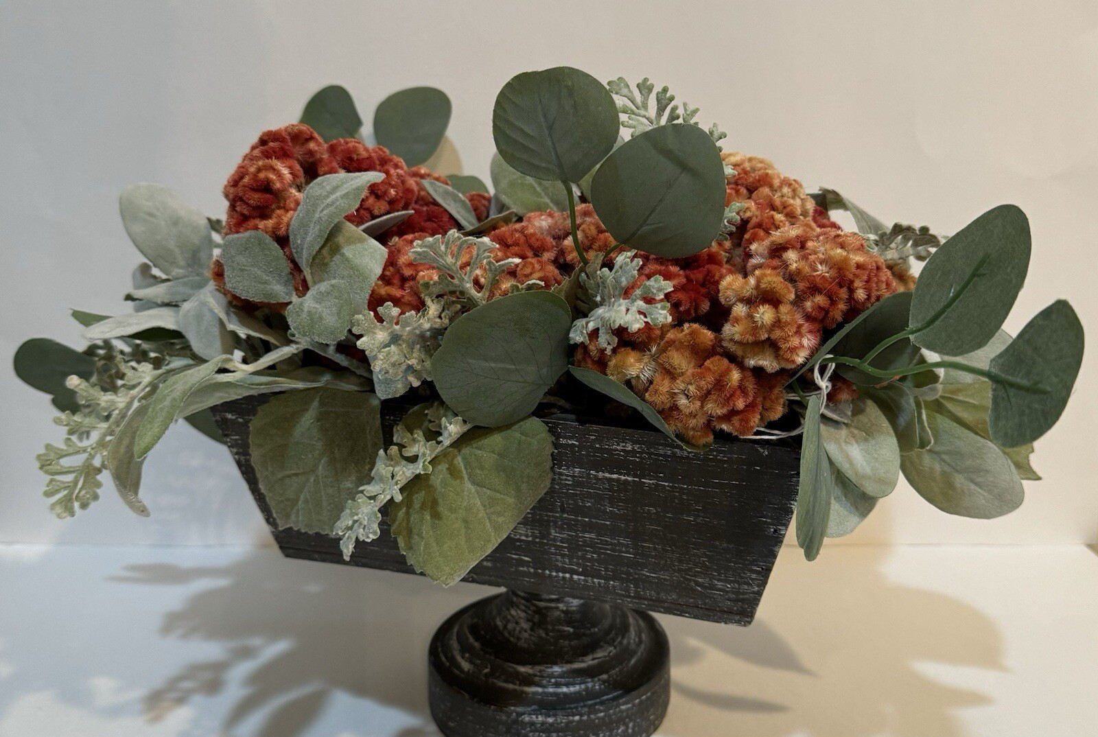 Orange Dried Floral Centerpiece Decor & Faux Green Leaves Metal Base Wooden Box