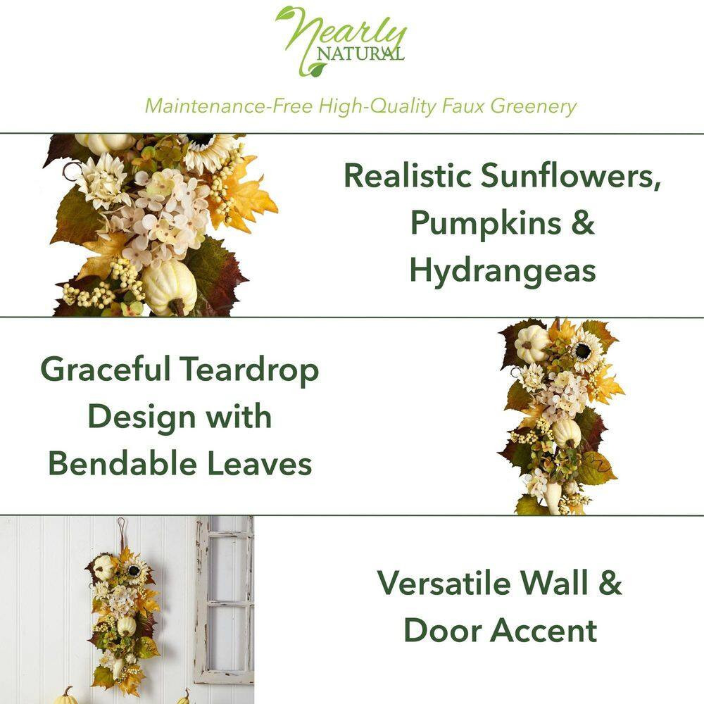 33 In. Green Fall Sunflower, Hydrangea and White Pumpkin Artificial Autumn Teard