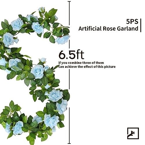 ZIFTY 5Pcs 32.5FT Blue Rose Garland Fake Flower Vines Faux Artificial Floral