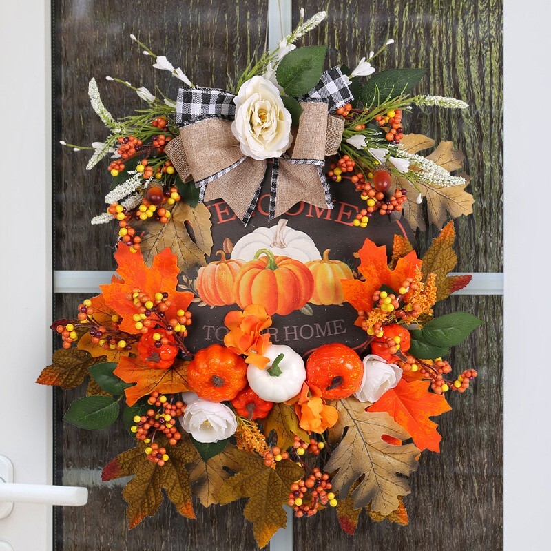 Artificial Fall Autumn Pumpkin Wreath for Front Door or Porch